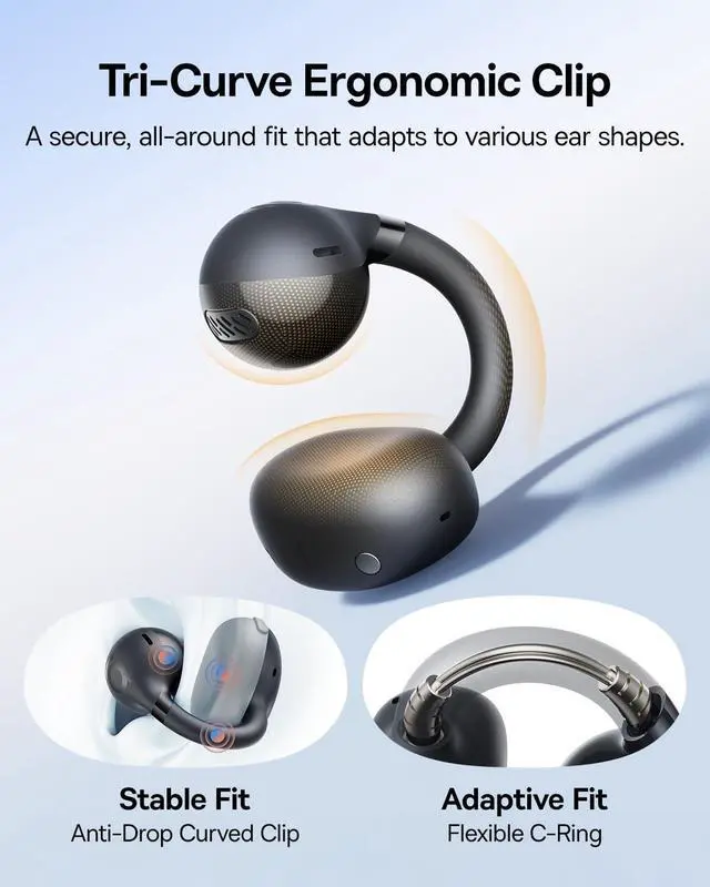 Alt view image 3 of 7 - Baseus Bass BC1 Open Ear Earbuds Clip-On Headphones, Open-Ring Comfort with Tri-Curve Snug Clip, Powerful Sound with SuperBass, 4-Mic Clear Calls, IP55 Waterproof, 38H Playtime, Lightweight