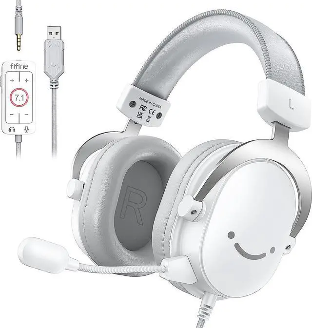 Main image of FIFINE USB PC Gaming Headset with 3.5mm Audio Jack, Detachable Microphone, 7.1 Surround Sound, Volume Control, Streaming Over-Ear Wired Headphones for Computer, PS5, Controller, Xbox-H9 White