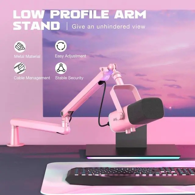 Alt view image 2 of 5 - Deuninker Low Profile Boom Arm Mic Stand, Microphone Stand with Cable Management Channel, Desk Clamp, Screw Adapter for Streaming Podcast Recording, Adjustable Metal Mic Boom Arm Pink-BM88P