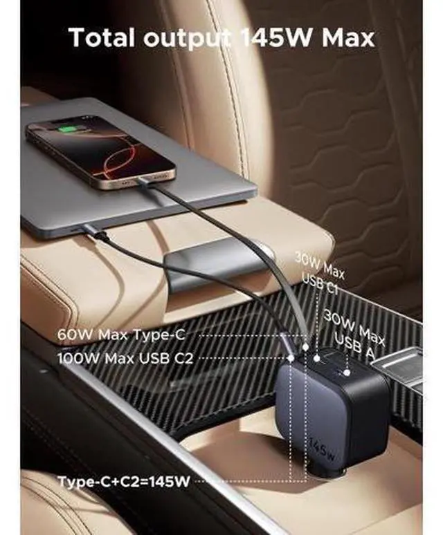 Alt view image 2 of 7 - UGREEN 145W 4-Port Retractable Car Charger, 3C1A USB C Fast Charger with 60W Retractable Cable, Cigarette Lighter Adapter Compatible with MacBook Pro, iPhone 17/16, Galaxy S25/S24 Ultra, iPad, Laptop