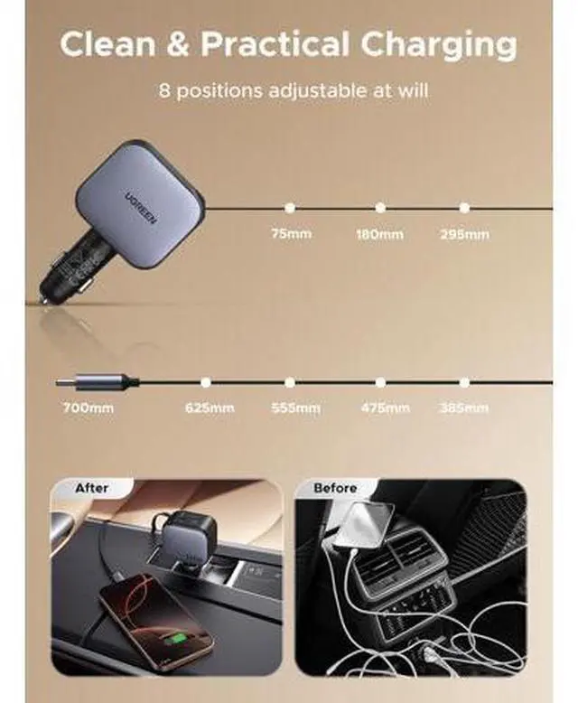 Alt view image 5 of 7 - UGREEN 145W 4-Port Retractable Car Charger, 3C1A USB C Fast Charger with 60W Retractable Cable, Cigarette Lighter Adapter Compatible with MacBook Pro, iPhone 17/16, Galaxy S25/S24 Ultra, iPad, Laptop