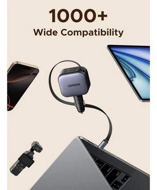 Alt view image 7 of 7 - UGREEN 145W 4-Port Retractable Car Charger, 3C1A USB C Fast Charger with 60W Retractable Cable, Cigarette Lighter Adapter Compatible with MacBook Pro, iPhone 17/16, Galaxy S25/S24 Ultra, iPad, Laptop