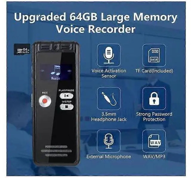 Alt view image 5 of 5 - Ecocleanpath 64GB Digital Voice Activated Recorder with Playback - 3072Kbps HD Audio Recorder, 25H Continuous Recording (Black)