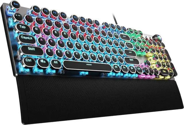 Main image of AULA F2088 Typewriter Style Mechanical Gaming Keyboard, blue switches, rainbow LED backlit, retro punk round keycaps, USB wired, media control knob, and removable wrist rest.