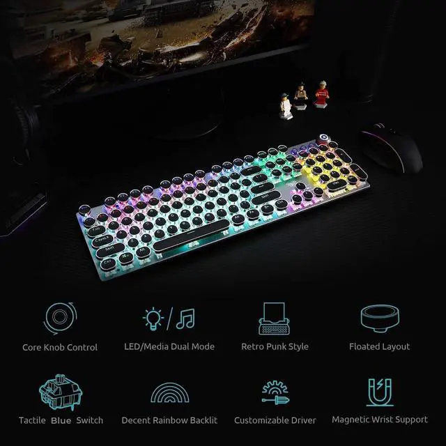 Alt view image 3 of 6 - AULA F2088 Typewriter Style Mechanical Gaming Keyboard, blue switches, rainbow LED backlit, retro punk round keycaps, USB wired, media control knob, and removable wrist rest.