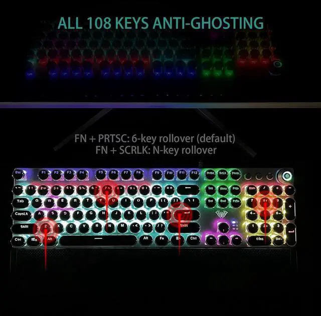Alt view image 4 of 6 - AULA F2088 Typewriter Style Mechanical Gaming Keyboard, blue switches, rainbow LED backlit, retro punk round keycaps, USB wired, media control knob, and removable wrist rest.