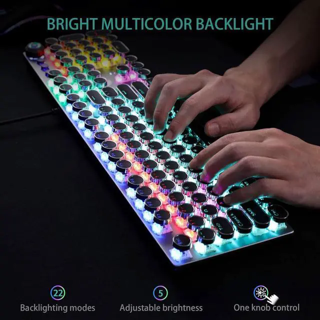 Alt view image 5 of 6 - AULA F2088 Typewriter Style Mechanical Gaming Keyboard, blue switches, rainbow LED backlit, retro punk round keycaps, USB wired, media control knob, and removable wrist rest.