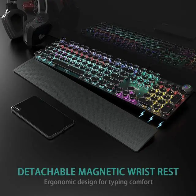 Alt view image 6 of 6 - AULA F2088 Typewriter Style Mechanical Gaming Keyboard, blue switches, rainbow LED backlit, retro punk round keycaps, USB wired, media control knob, and removable wrist rest.