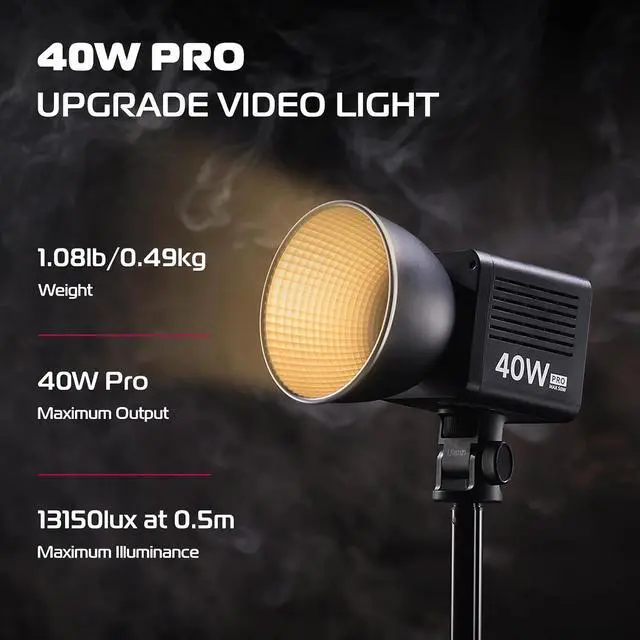 Alt view image 3 of 7 - Deuninker 40W Pro Portable LED Video Light with DC Power Adapter, 3400mAh Build-in Battery Metal Mini Dual Color Temperature COB Continuous Output Lighting Handheld Spotlight 2500K-6500K for Video