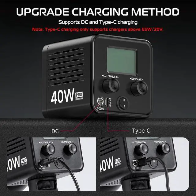 Alt view image 4 of 7 - Deuninker 40W Pro Portable LED Video Light with DC Power Adapter, 3400mAh Build-in Battery Metal Mini Dual Color Temperature COB Continuous Output Lighting Handheld Spotlight 2500K-6500K for Video