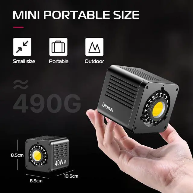 Alt view image 6 of 7 - Deuninker 40W Pro Portable LED Video Light with DC Power Adapter, 3400mAh Build-in Battery Metal Mini Dual Color Temperature COB Continuous Output Lighting Handheld Spotlight 2500K-6500K for Video