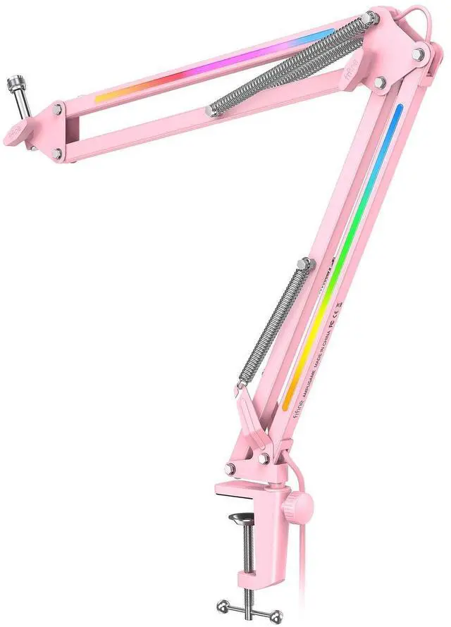 Main image of Deuninker Microphone Boom Arm, Metal Adjustable Mic Arm Stand with RGB Button, 3/8 to 5/8 Screw Adapter, Desk Mount Clamp, Suspension Scissor Mic Stand for Gaming Streaming Podcast-AmpliGame BM38P