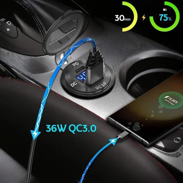Alt view image 3 of 6 - QURO Aluminum High Voltage USB Outlet 12V 24V 36V 48V 60V Car Battery Charger Cigarette Lighter Power Adapter DIY Kit for Cars Trucks