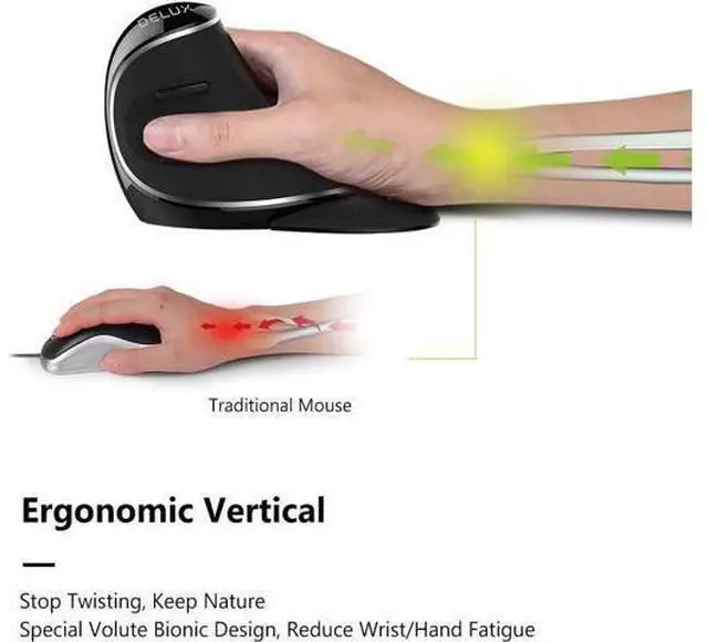 Alt view image 2 of 7 - DELUX Ergonomic Wireless Mouse with USB Receiver, 2.4G Wireless Vertical Mouse with 3 Adjustable DPI (800/1200/1600), 6 Buttons, Removable Wrist Rest for Laptop PC Computer (M618Plus Wireless-Black)
