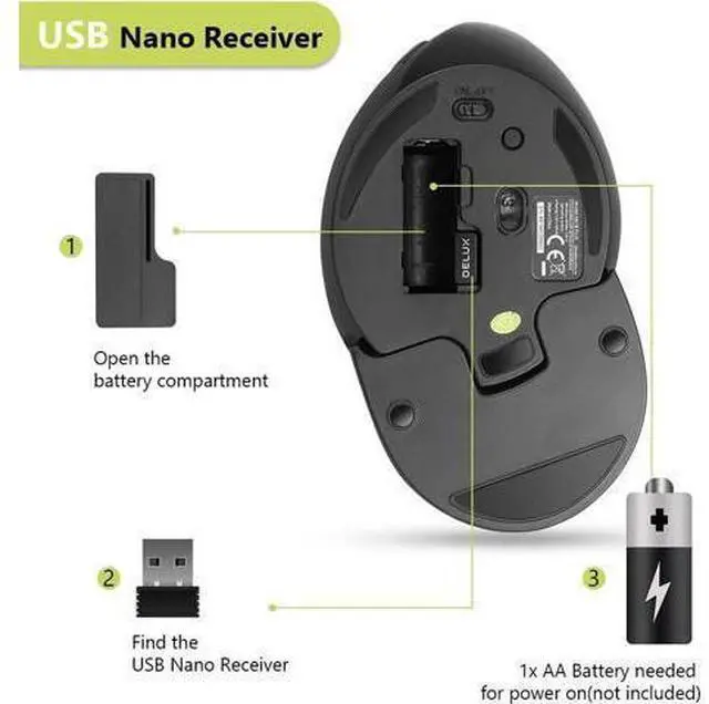 Alt view image 4 of 7 - DELUX Ergonomic Wireless Mouse with USB Receiver, 2.4G Wireless Vertical Mouse with 3 Adjustable DPI (800/1200/1600), 6 Buttons, Removable Wrist Rest for Laptop PC Computer (M618Plus Wireless-Black)