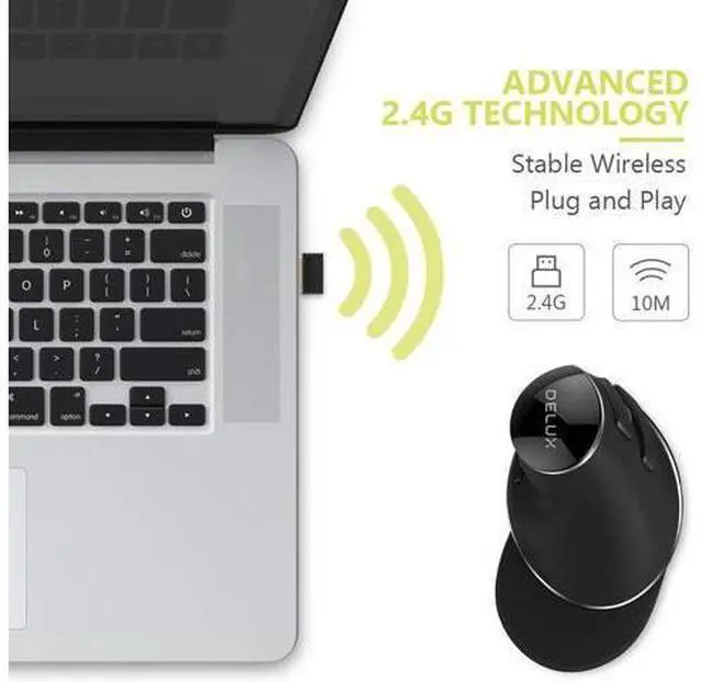 Alt view image 5 of 7 - DELUX Ergonomic Wireless Mouse with USB Receiver, 2.4G Wireless Vertical Mouse with 3 Adjustable DPI (800/1200/1600), 6 Buttons, Removable Wrist Rest for Laptop PC Computer (M618Plus Wireless-Black)
