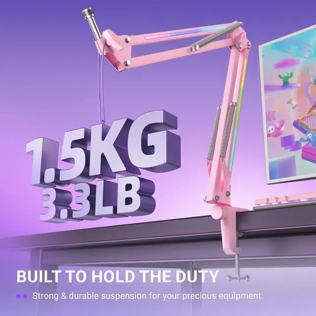 Alt view image 2 of 7 - Deuninker Microphone Boom Arm, Metal Adjustable Mic Arm Stand with RGB Button, 3/8 to 5/8 Screw Adapter, Desk Mount Clamp, Suspension Scissor Mic Stand for Gaming Streaming Podcast-AmpliGame BM38P