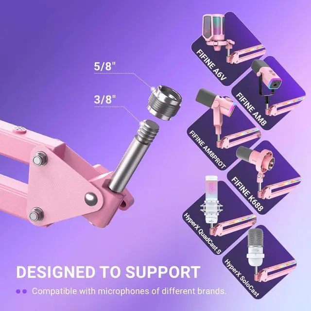 Alt view image 5 of 7 - Deuninker Microphone Boom Arm, Metal Adjustable Mic Arm Stand with RGB Button, 3/8 to 5/8 Screw Adapter, Desk Mount Clamp, Suspension Scissor Mic Stand for Gaming Streaming Podcast-AmpliGame BM38P