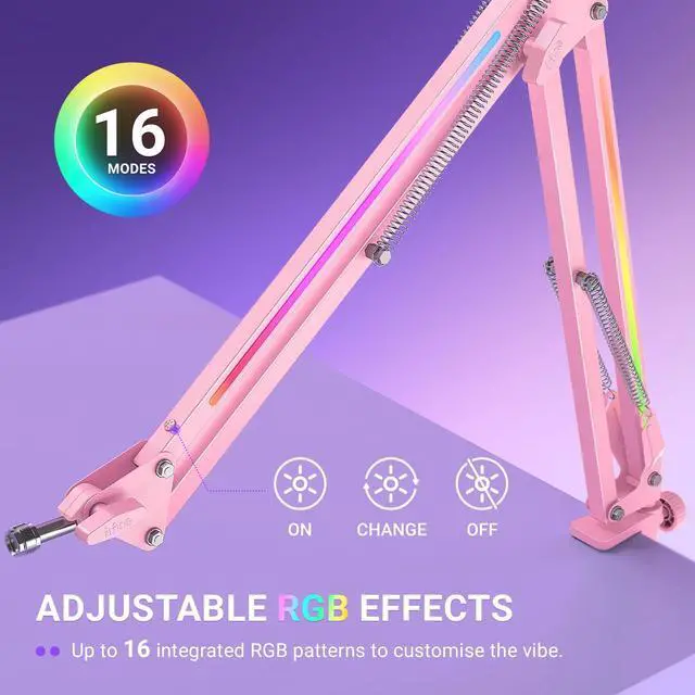 Alt view image 6 of 7 - Deuninker Microphone Boom Arm, Metal Adjustable Mic Arm Stand with RGB Button, 3/8 to 5/8 Screw Adapter, Desk Mount Clamp, Suspension Scissor Mic Stand for Gaming Streaming Podcast-AmpliGame BM38P