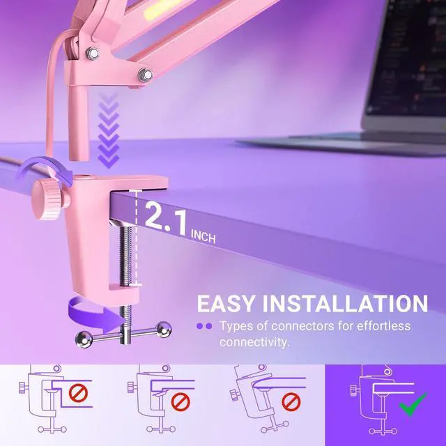 Alt view image 7 of 7 - Deuninker Microphone Boom Arm, Metal Adjustable Mic Arm Stand with RGB Button, 3/8 to 5/8 Screw Adapter, Desk Mount Clamp, Suspension Scissor Mic Stand for Gaming Streaming Podcast-AmpliGame BM38P