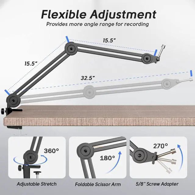 Alt view image 3 of 7 - Deuninker Microphone Arm Stand-Heavy Duty Boom Arm, Suspension Scissor Adjustable Mic Stand with Desk Mount, C-calmp, 5/8" Screw, Cable Ties, for Recording Gaming Streaming Podcasting-BM63