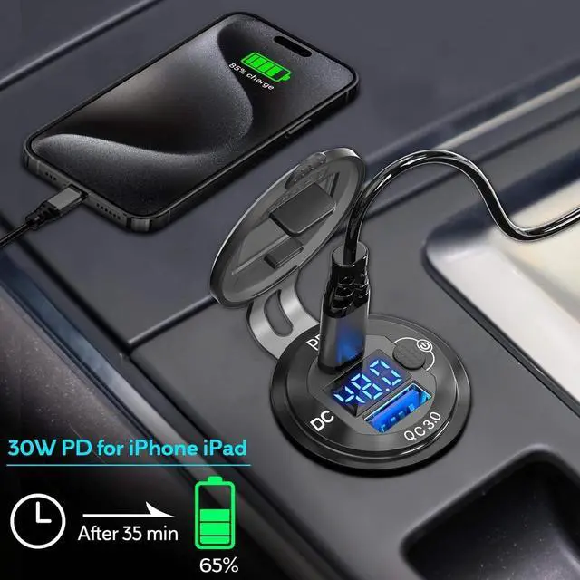 Alt view image 6 of 6 - QURO Aluminum High Voltage USB Outlet 12V 24V 36V 48V 60V Car Battery Charger Cigarette Lighter Power Adapter DIY Kit for Cars Trucks