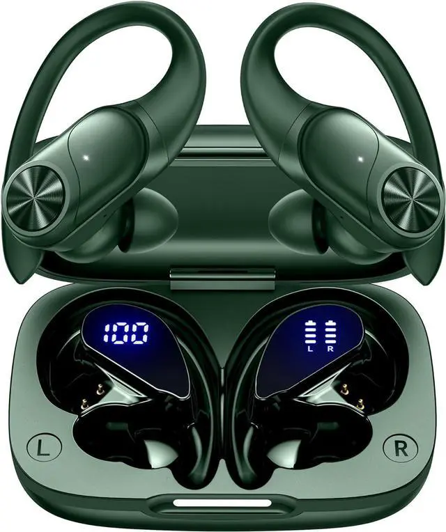 Main image of Bluetooth Headphones Wireless Earbuds 80hrs Playtime Wireless Charging Case Digital Display Sports Ear buds with Earhook Premium Deep Bass IPX7 Waterproof Over-Ear Earphones for TV Phone Laptop Olive