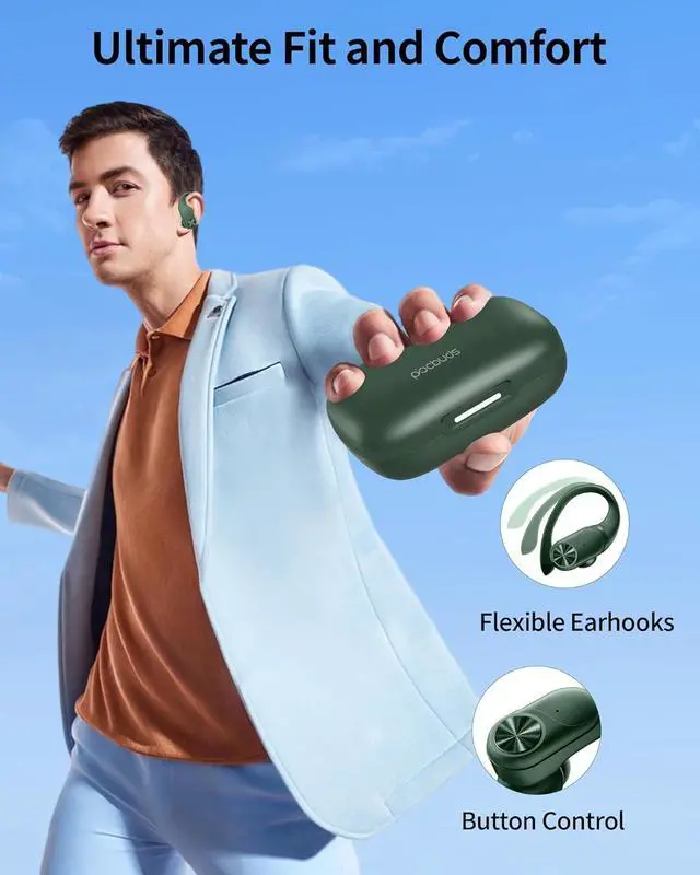Alt view image 6 of 6 - Bluetooth Headphones Wireless Earbuds 80hrs Playtime Wireless Charging Case Digital Display Sports Ear buds with Earhook Premium Deep Bass IPX7 Waterproof Over-Ear Earphones for TV Phone Laptop Olive
