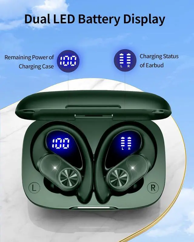 Alt view image 4 of 6 - Bluetooth Headphones Wireless Earbuds 80hrs Playtime Wireless Charging Case Digital Display Sports Ear buds with Earhook Premium Deep Bass IPX7 Waterproof Over-Ear Earphones for TV Phone Laptop Olive