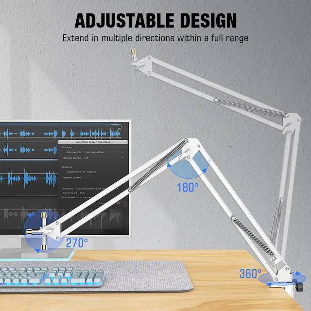 Alt view image 4 of 7 - Deuninker Microphone Boom Arm, Suspension Mic Arm Stand with Mount Clamp, Metal Scissor Mic Stand with 3/8" to 5/8" Adapter for Home Studio Recording Podcast Gaming-CS1 White