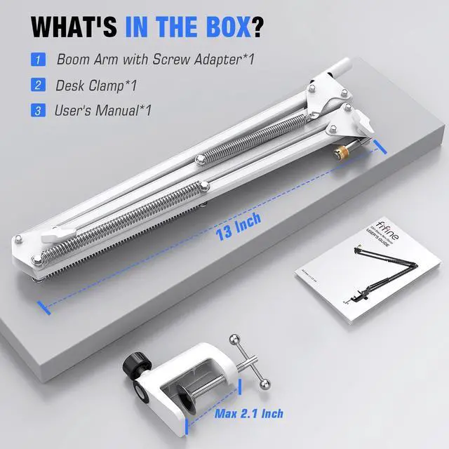 Alt view image 7 of 7 - Deuninker Microphone Boom Arm, Suspension Mic Arm Stand with Mount Clamp, Metal Scissor Mic Stand with 3/8" to 5/8" Adapter for Home Studio Recording Podcast Gaming-CS1 White