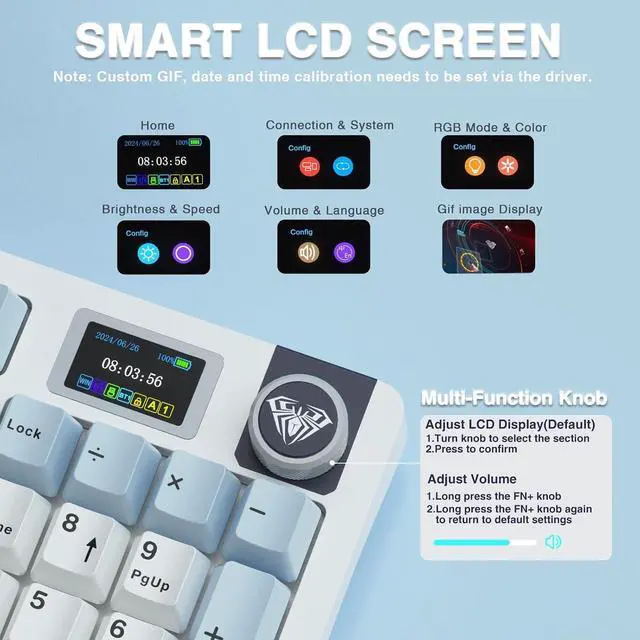 Alt view image 3 of 7 - AULA S98 Pro Wireless Mechanical Keyboard,Smart Screen & Knob,Tri-Mode BT5.0/USB-C/2.4GHz Creamy Keyboard,Pre-lubed Linear Switches,Hot Swappable RGB Backlit Computer Gaming Keyboards
