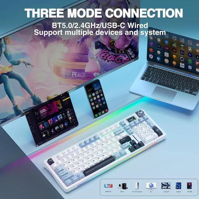 Alt view image 4 of 7 - AULA S98 Pro Wireless Mechanical Keyboard,Smart Screen & Knob,Tri-Mode BT5.0/USB-C/2.4GHz Creamy Keyboard,Pre-lubed Linear Switches,Hot Swappable RGB Backlit Computer Gaming Keyboards