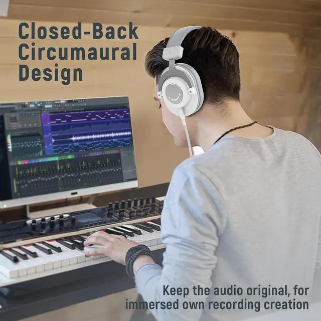 Alt view image 3 of 7 - Deuninker Studio Monitor Headphones, Wired Over-Ear Computer Headphones with 3.5mm to 6.35mm Jack for Mixer/Amplifier/PC, Closed-Back Headset with Flexible Headband for Music Vocal Recording-H8 White