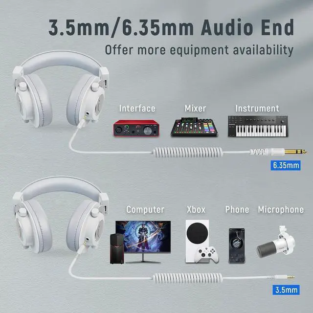 Alt view image 4 of 7 - Deuninker Studio Monitor Headphones, Wired Over-Ear Computer Headphones with 3.5mm to 6.35mm Jack for Mixer/Amplifier/PC, Closed-Back Headset with Flexible Headband for Music Vocal Recording-H8 White