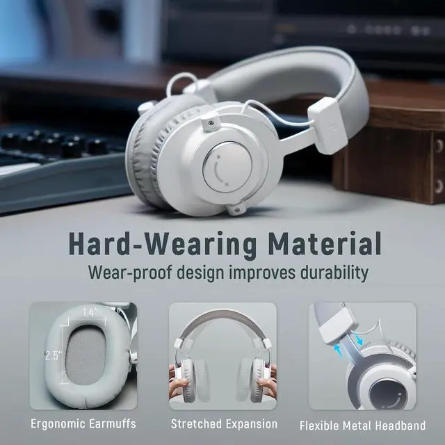 Alt view image 6 of 7 - Deuninker Studio Monitor Headphones, Wired Over-Ear Computer Headphones with 3.5mm to 6.35mm Jack for Mixer/Amplifier/PC, Closed-Back Headset with Flexible Headband for Music Vocal Recording-H8 White