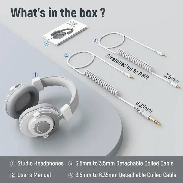 Alt view image 7 of 7 - Deuninker Studio Monitor Headphones, Wired Over-Ear Computer Headphones with 3.5mm to 6.35mm Jack for Mixer/Amplifier/PC, Closed-Back Headset with Flexible Headband for Music Vocal Recording-H8 White