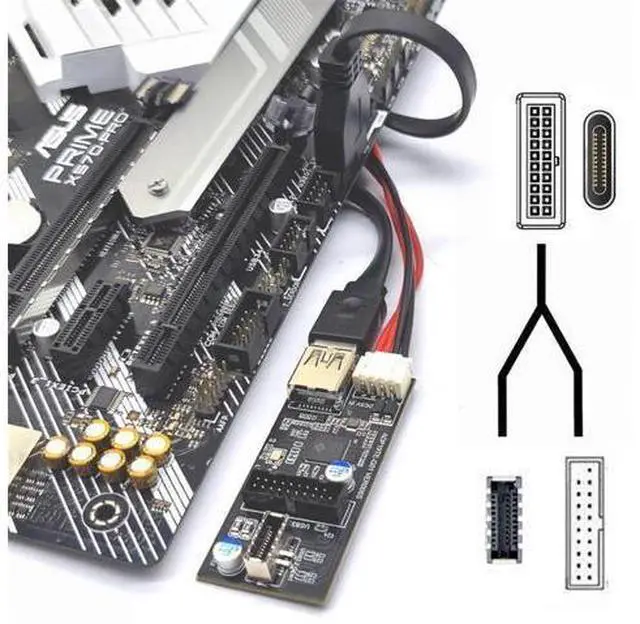 Alt view image 7 of 7 - Deuninker Type-C USB-C & 19/20Pin Header to USB 3.0 20Pin & Type-E Dual Ports Female PCBA Type Adapter Splitter HUB 5Gbps