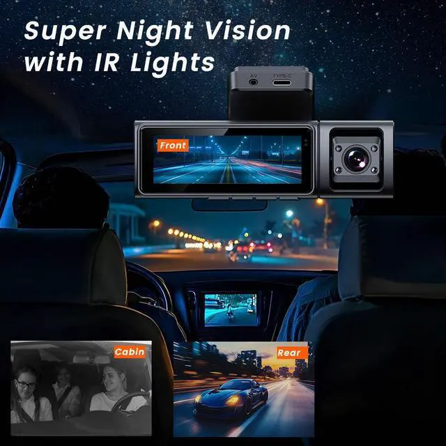 Alt view image 2 of 6 - QURO Dashcam 3 Camera Front 4K+Interior Night Vision 1080P+ Rear 1080P 3 Channels Auto Car Camera 3.2"IPS Screen WiFi App Control