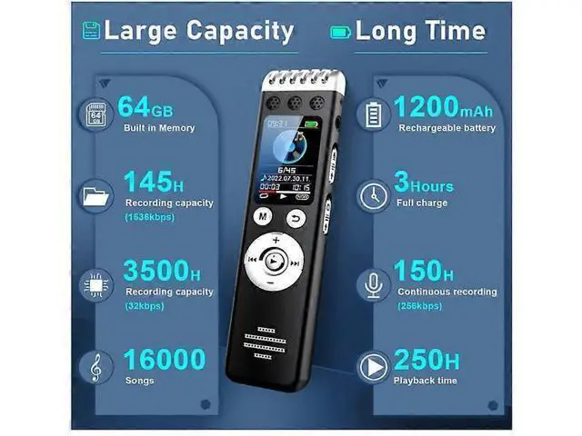 Alt view image 4 of 5 - Ecocleanpath 64GB Voice Activated Recorder, 3500H Record & 150H Battery, Noise Reduction for Lectures/Meetings (Black)