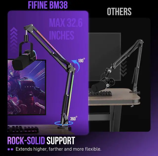 Alt view image 3 of 7 - Deuninker Microphone Boom Arm, Metal Adjustable Mic Arm Stand with RGB Control, 3/8 to 5/8 Screw Adapter, Desk Mount Clamp, Suspension Scissor Mic Stand for Gaming Streaming Podcast-AmpliGame BM38