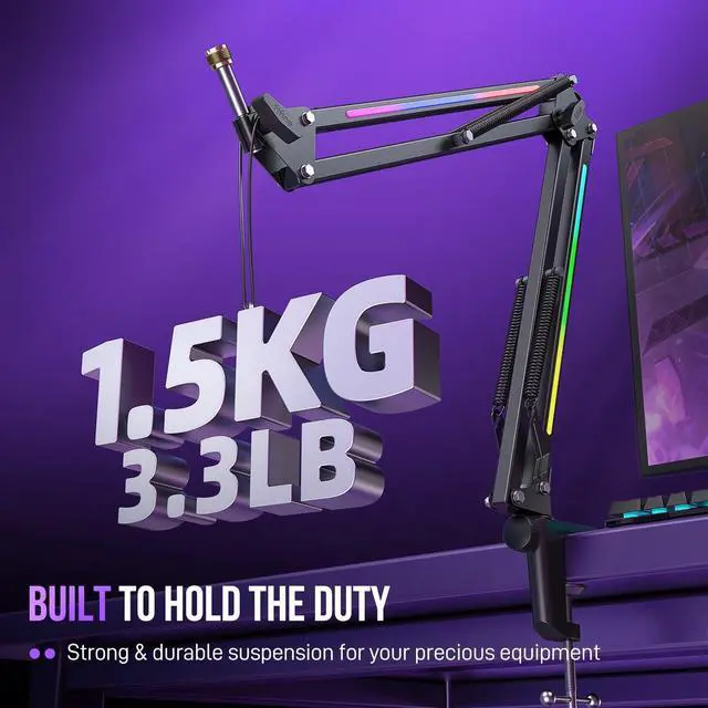 Alt view image 2 of 7 - Deuninker Microphone Boom Arm, Metal Adjustable Mic Arm Stand with RGB Control, 3/8 to 5/8 Screw Adapter, Desk Mount Clamp, Suspension Scissor Mic Stand for Gaming Streaming Podcast-AmpliGame BM38