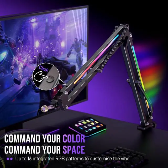 Alt view image 4 of 7 - Deuninker Microphone Boom Arm, Metal Adjustable Mic Arm Stand with RGB Control, 3/8 to 5/8 Screw Adapter, Desk Mount Clamp, Suspension Scissor Mic Stand for Gaming Streaming Podcast-AmpliGame BM38