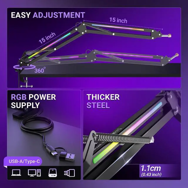 Alt view image 5 of 7 - Deuninker Microphone Boom Arm, Metal Adjustable Mic Arm Stand with RGB Control, 3/8 to 5/8 Screw Adapter, Desk Mount Clamp, Suspension Scissor Mic Stand for Gaming Streaming Podcast-AmpliGame BM38