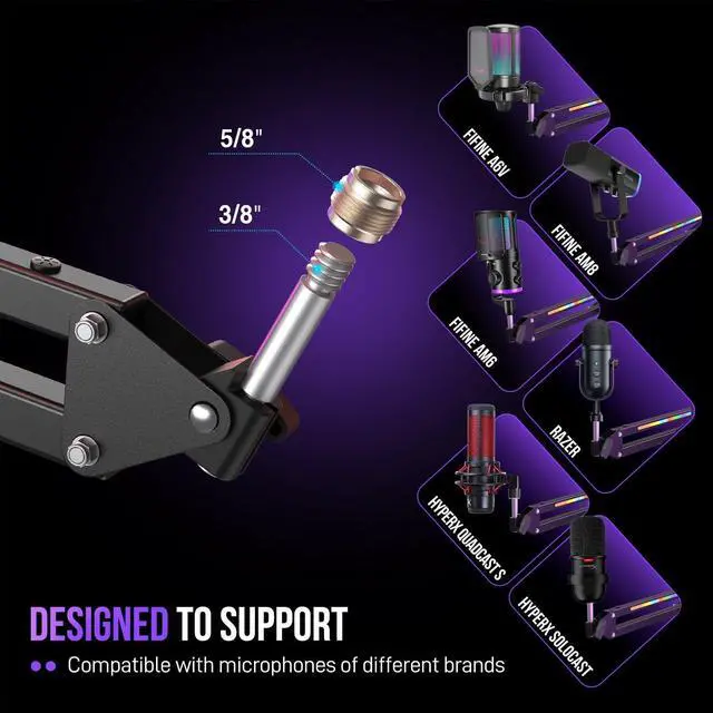 Alt view image 6 of 7 - Deuninker Microphone Boom Arm, Metal Adjustable Mic Arm Stand with RGB Control, 3/8 to 5/8 Screw Adapter, Desk Mount Clamp, Suspension Scissor Mic Stand for Gaming Streaming Podcast-AmpliGame BM38