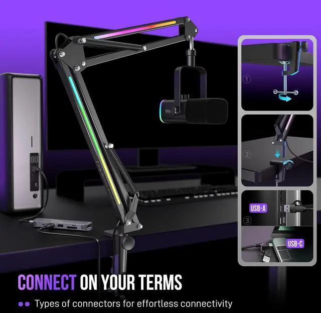 Alt view image 7 of 7 - Deuninker Microphone Boom Arm, Metal Adjustable Mic Arm Stand with RGB Control, 3/8 to 5/8 Screw Adapter, Desk Mount Clamp, Suspension Scissor Mic Stand for Gaming Streaming Podcast-AmpliGame BM38