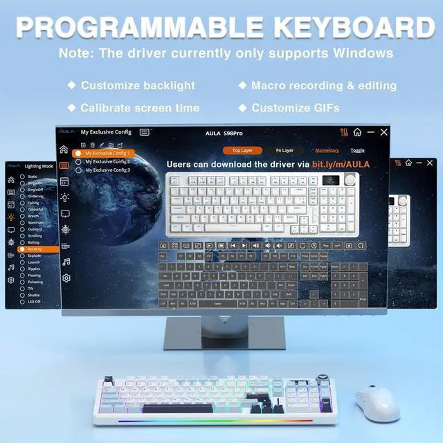 Alt view image 6 of 7 - AULA S98 Pro Wireless Mechanical Keyboard,Smart Screen & Knob,Tri-Mode BT5.0/USB-C/2.4GHz Creamy Keyboard,Pre-lubed Linear Switches,Hot Swappable RGB Backlit Computer Gaming Keyboards