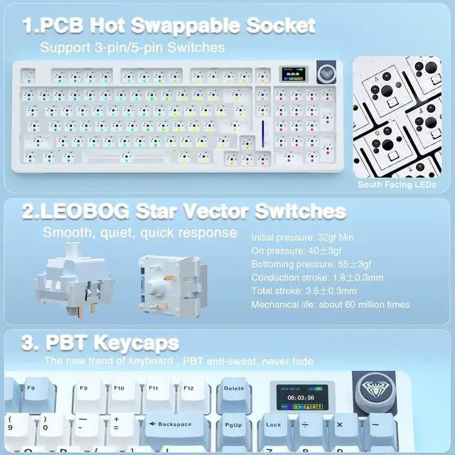 Alt view image 7 of 7 - AULA S98 Pro Wireless Mechanical Keyboard,Smart Screen & Knob,Tri-Mode BT5.0/USB-C/2.4GHz Creamy Keyboard,Pre-lubed Linear Switches,Hot Swappable RGB Backlit Computer Gaming Keyboards