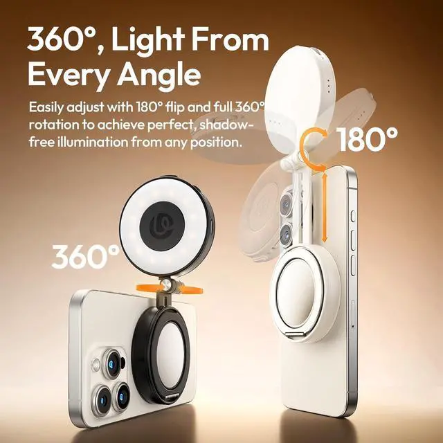 Alt view image 2 of 7 - DeuninkerMagnetic Selfie Light, Upgraded LM23 360° Phone Ring Light for iPhone Magsafe with Mirror & Stand, LED Phone Fill Lights for Selfies/Video Calls/Vlogging/Makeup - White