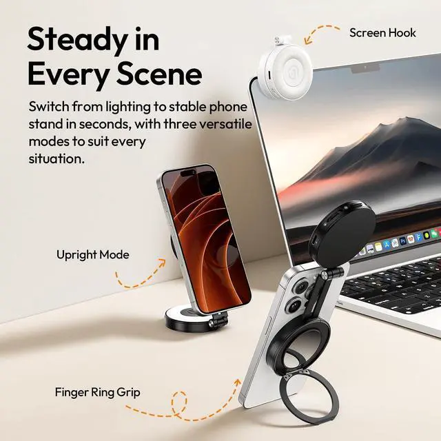 Alt view image 3 of 7 - DeuninkerMagnetic Selfie Light, Upgraded LM23 360° Phone Ring Light for iPhone Magsafe with Mirror & Stand, LED Phone Fill Lights for Selfies/Video Calls/Vlogging/Makeup - White
